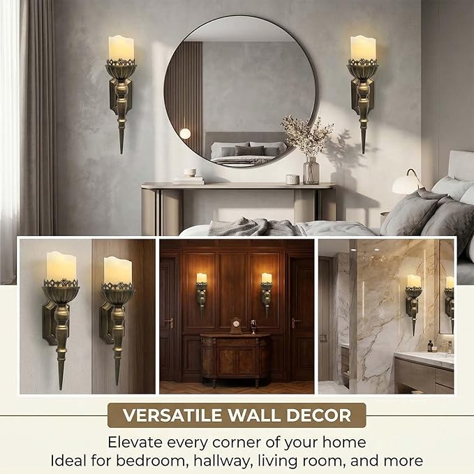 Gold Candle Sconces Set of 2 - Metal Wall Candle Holders for Pillar - Vintage Brass Wall Décor for Living Room Bathroom Dining Room