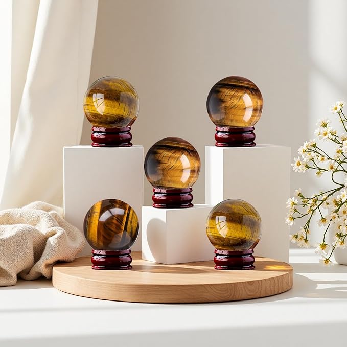 Natural Clear Quartz Crystal Sphere with Stand，5PC Real Crystals Ball, Clear Quartz Small Ball Decor (Tiger Eye Ball)
