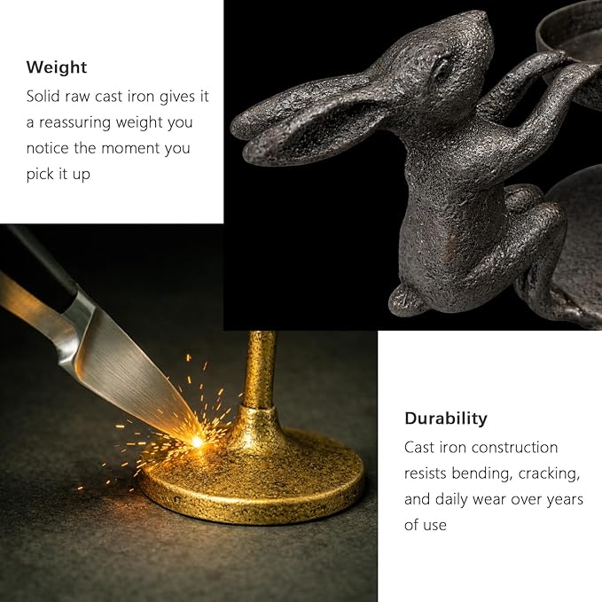 Set of 2 Cast Iron Climbing Bunny Candle Holders, Vintage Heavy-Duty Decorative Stands for 7/8" Taper Candlesticks and 3" Pillar Candles, Lively Easter & Spring Mantel Decor (Antique Brass)