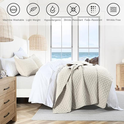 HORIMOTE HOME Quilt Set Twin Size Beige Bedspread, Modern Style Quilted Clouds Pattern Soft Coverlet Set Lightweight Microfiber Quilted Bedspread for All Season, Includes 1 Quilt and 1 Pillow Sham
