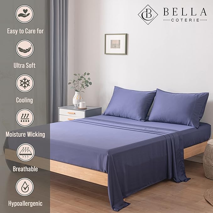 Bella Coterie Luxury Bamboo Viscose Twin Size Sheet Set | 100% Organically Grown | Ultra Soft | Cooling for Hot Sleepers | 18" Deep Pocket [Twilight Blue]