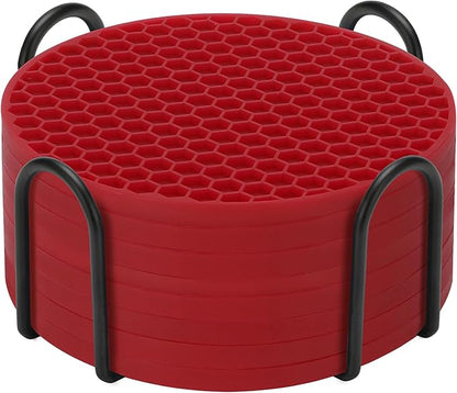 Silicone Coaster Set of 8 with Holder, Drinks Coasters, Beer & Coffee, Hot or Cold, Anti-Slip, Non-Stick, Anti-Overflow Tabletop Protection and Decor (8 Pcs, Wine Red)