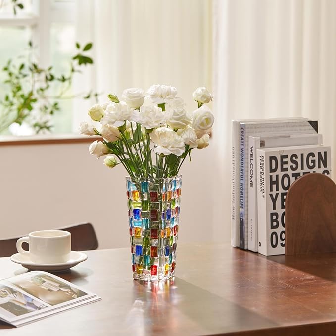 Hand Woven Colorful Glass Flower Vase - 7.7 Inch Mosaic Crystal Vase for Flowers, Unique Stained Glass Vase for Centerpieces, Weddings, Home Decor & Gifts for Women