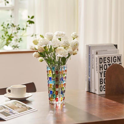 Hand Woven Colorful Glass Flower Vase - 7.7 Inch Mosaic Crystal Vase for Flowers, Unique Stained Glass Vase for Centerpieces, Weddings, Home Decor & Gifts for Women