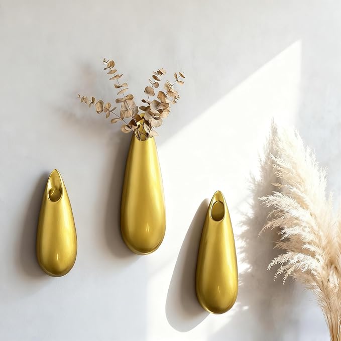 Sculptural Wall Ceramic Vase — 3 Pack Gold Hanging Sconce Vase | Turn Flowers into Art — Decorative Ceramic Wall Sconce for Single Stem Displays