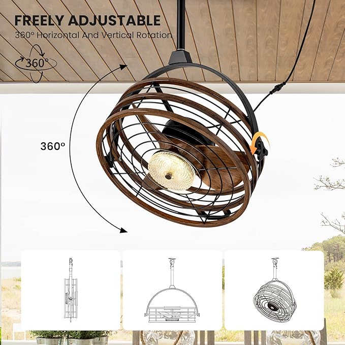 CROSSIO Outdoor Ceiling Fan with Lights, 23‘’ Waterproof Gazebo Fan with Remote Control Smart App, Plug in Caged Ceiling Fan for Patios, Pergola Porch