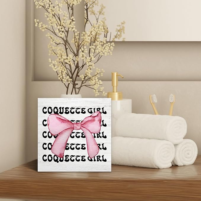 Coquette Room Decor Wood Box Sign Desk Decor, Pink Trendy Bow Decor, Preppy Aesthetic Girly Wooden Block Sign Decorations for Girl College Dorm Bedroom Wall Tabletop Shelf Decor