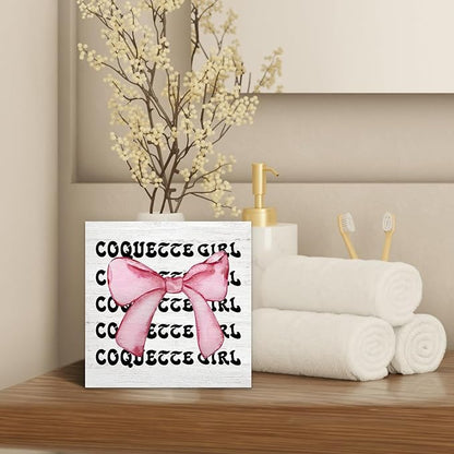 Coquette Room Decor Wood Box Sign Desk Decor, Pink Trendy Bow Decor, Preppy Aesthetic Girly Wooden Block Sign Decorations for Girl College Dorm Bedroom Wall Tabletop Shelf Decor