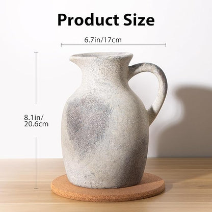 Ceramic Rustic Vase with Handle, Decorative Jug Pitcher, Terracotta Stone Vase for Decor Living Room, Vintage Home Decor, Natural