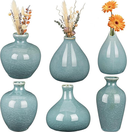 FoldTier 6 Pcs Green Mini Ceramic Bud Vase Vintage Flower Vases Ice Cracked for Farmhouse Rustic Boho Style Table Shelves Home Office Decor Gifts(Classical,Green)