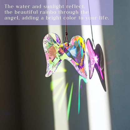 Window Hanging Crystal Angel Wing Prism Suncatcher AB Coating Ornament, Glass Angel Wing Sun Catchers Rainbow,Prism Crystals for Indoor Outdoor Garden Christmas Decor(76mm)