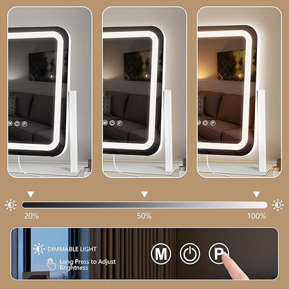 Vanity Mirror with Lights 15"×13", Led Makeup Mirror, Lighted Makeup Mirror with 3 Color Dimmable Lights, Smart Touch Screen Control, 360°Rotation