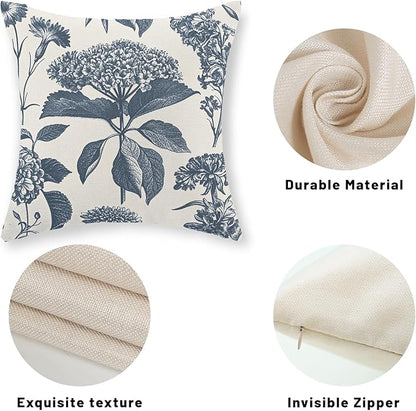 Blue Pillow Covers 18x18 Set of 2 Vintage Boho Floral Hydrangea Herbs Botanical Throw Pillow Cover Outdoor Flower Decoration Pillowcase Linen Farmhouse Cushion Case Decorative for Couch Sofa