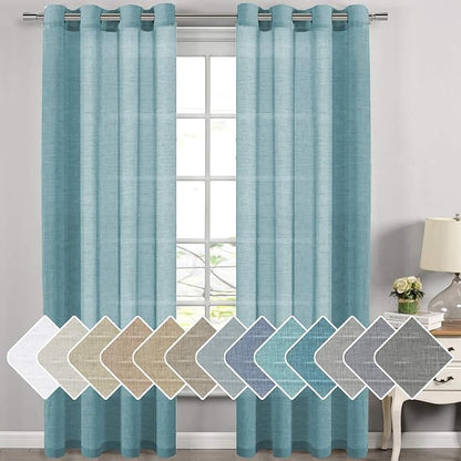 H.VERSAILTEX Natural Linen Semi Sheer Curtains for Living Room Extra Long Curtains Made of Rich Linen Soft Material, Nickel Grommet Window Panel Drapes (Set of 2, 52 by 108 Inch, Turquoise)