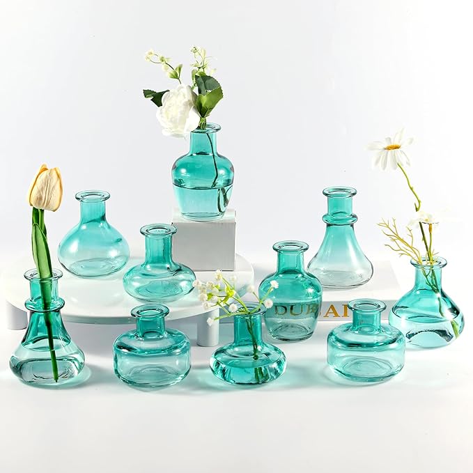 Blue Gradient Glass Bud Vase, 10Pcs/Set Modern Decorative Small Mini Flowers Vases, Minimalist Aesthetic Home Decor Vintage Wedding Table Centerpieces for Single Flower Rose