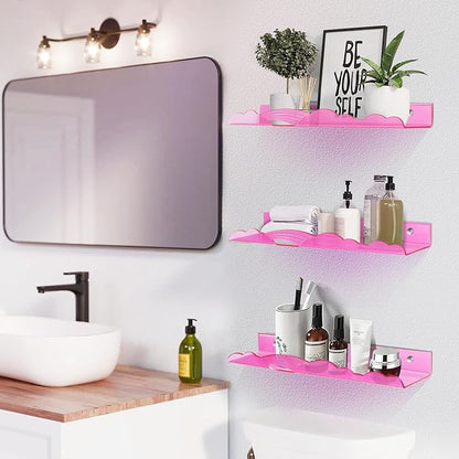 Rainbow Acrylic Floating Shelves, 15in Kids Wall Mounted Nursery Bookshelves, Display Ledge for Books Toys Cosmetic Storage, Bathroom Bedroom Living Room Wall Organizer, 4 Pack, Pink