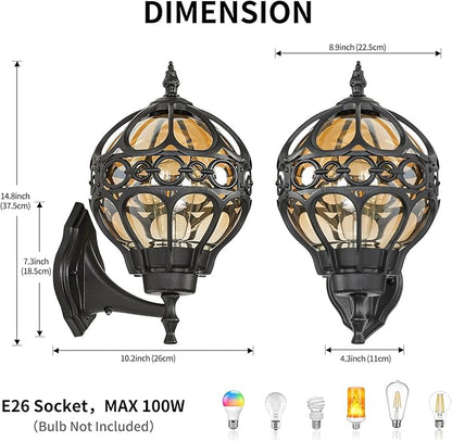 Dusk to Dawn Outdoor Lighting, Black Porch Wall Lights, Black Globe Aluminum Exterior House Lantern Wall Mount with Amber Glass, Anti-Rust Waterproof Outside Light Fixtures for Patio Doorway Garage