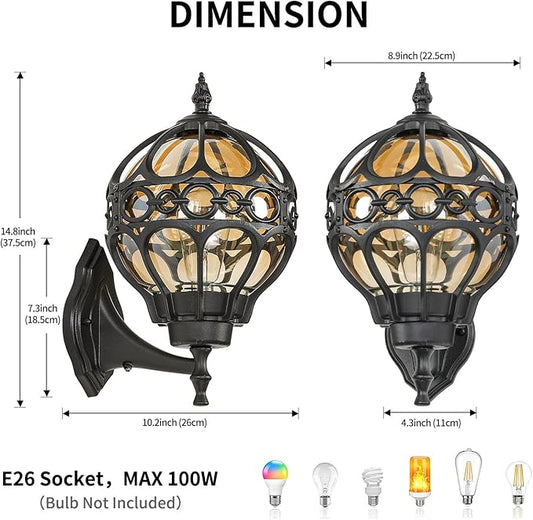 Dusk to Dawn Outdoor Lighting, Black Porch Wall Lights, Black Globe Aluminum Exterior House Lantern Wall Mount, Anti-Rust Waterproof Amber Glass Outside Light Fixtures for Patio Doorway Garage, 2pack