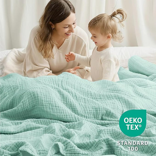 100% Cotton Muslin Blanket Queen 90" x 90", Breathable and Lightweight Cotton Throw Blankets for Bed, Soft Cooling Summer Gauze Blanket for Adults All Season, Mint