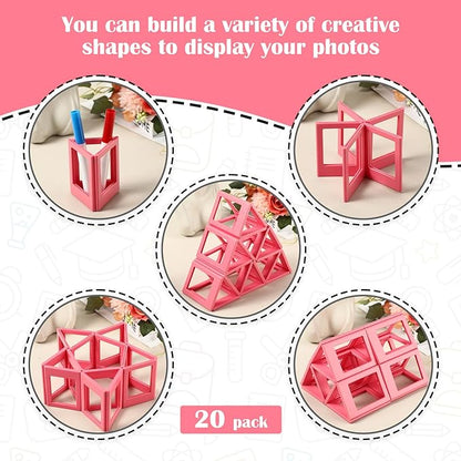 Epakh 20 Packs Magnetic Photo Picture Frame Cute Mini Table Photo Frame Holder 3 Inches Plastic Colorful Picture Display for Fridge Office (Pink)