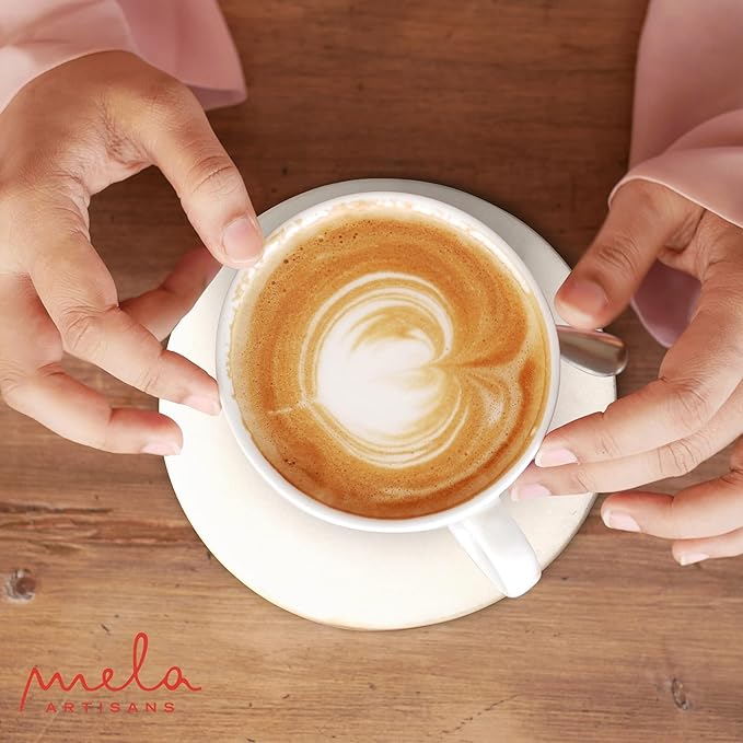 Mela Artisans Set of 4 Hand Crafted Marble Coasters - White, Round | Coffee Table Decor | Absorbent Keeping Surfaces Dry & Safe | Ideal for Wine Glasses, Water Cups or Beer Mugs
