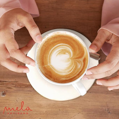 Mela Artisans Set of 4 Hand Crafted Marble Coasters - White, Round | Coffee Table Decor | Absorbent Keeping Surfaces Dry & Safe | Ideal for Wine Glasses, Water Cups or Beer Mugs