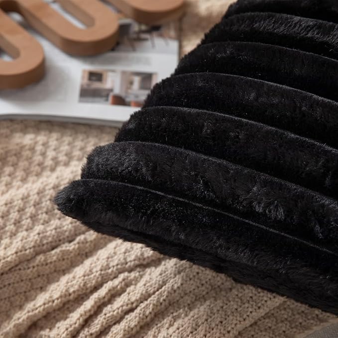 DEELAND Pack of 2,Double-Sided Faux Fur Plush Decorative Throw Pillow Covers Fuzzy Striped Soft Pillowcase Cushion Covers for Sofa Couch Bedroom Black 22x22 inch