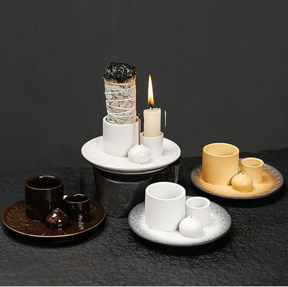 4 in 1 Multifunctional Ceramic Incense and Candle Holder with Ash Catcher Tray Suit for Burning White Sage, Palo Santo Sticks (Dark Brown)