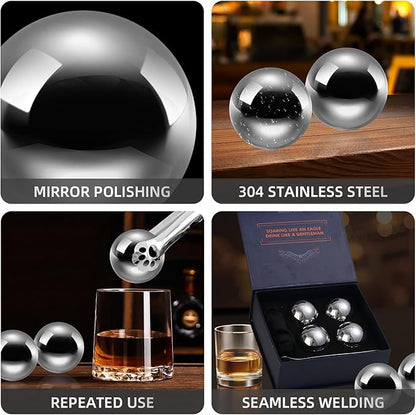Stainless Steel Whiskey Ice Balls, Whiskey Stones, Set of 4 Reusable Metal Ice Cubes for Chilling Whiskey & Beverages - Gift Set for Men