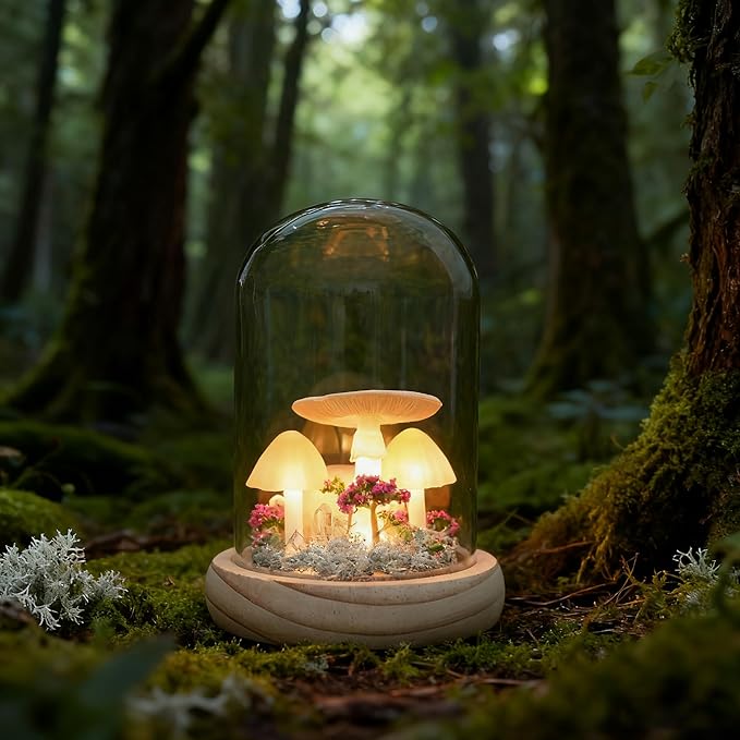 QUELIEN Mushroom Night Light in Glass Dome - Warm White LED Mushroom Lamp for Home Decor, Unique Housewarming Gifts for Women Mom, Bedroom Office Desk Decor (Yellow-1)