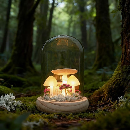 QUELIEN Mushroom Night Light in Glass Dome - Warm White LED Mushroom Lamp for Home Decor, Unique Housewarming Gifts for Women Mom, Bedroom Office Desk Decor (Yellow-1)