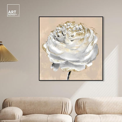 Art Remedy Beige Ranunculus Canvas Elegant White Gold Wall Art, Black Frame, 40" x 40"