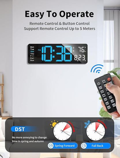 MASHI Digital Wall Clock, 16" Large Display Digital Clock with Remote Control, Auto-Dimming Wall Clock with Night Light, DST, Date Week,Temp for Living Room, Bedroom, Decor, for Elderly