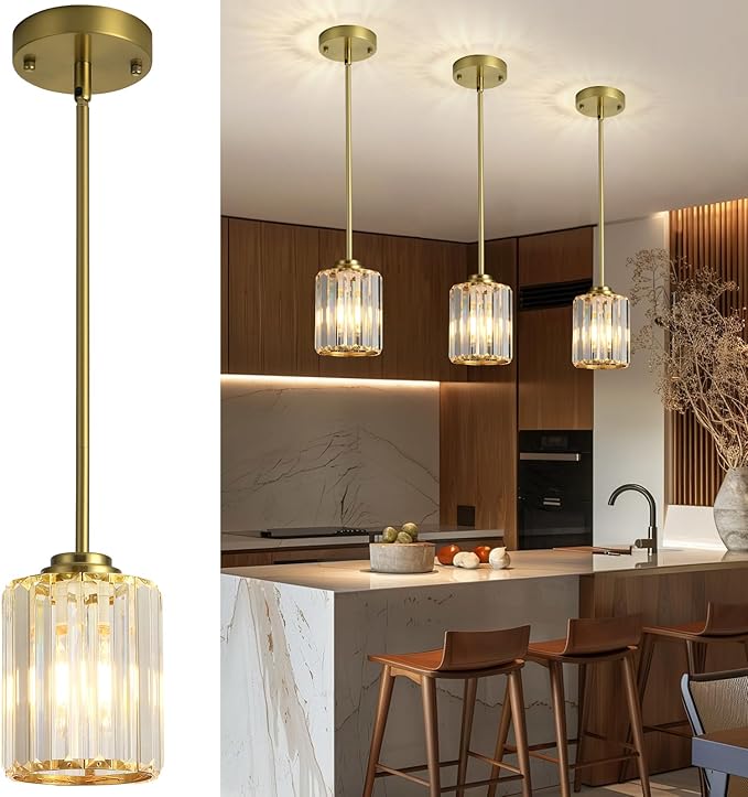 Pendant Lights Kitchen Island 3 Pack, Gold Modern Crystal Mini Chandelier Ceiling Hanging Pendant Light Fixtures for Kitchen Hallway Dining Room Bedroom
