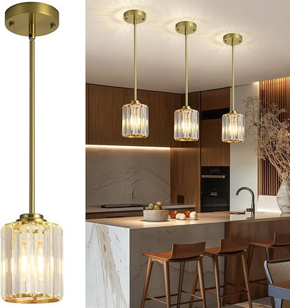 Pendant Lights Kitchen Island 3 Pack, Gold Modern Crystal Mini Chandelier Ceiling Hanging Pendant Light Fixtures for Kitchen Hallway Dining Room Bedroom