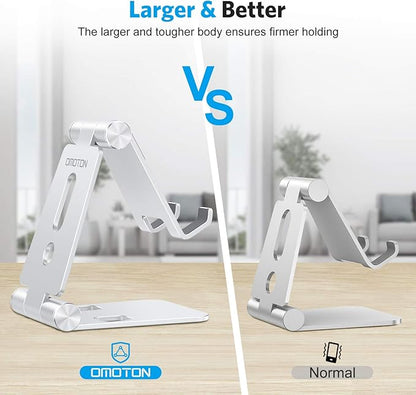 OMOTON Foldable Cell Phone Stand, C4 Portable Aluminum Phone Holder, Adjustable Phone Dock Cradle Compatible with iPhone 17/16/15 Pro Max Air, Samsung Galaxy, Small Tablets, All Smart Phones, Silver