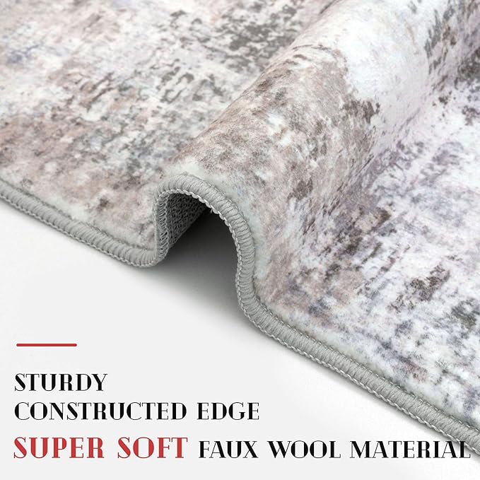 Modern Abstract 6x9 Living Room Washable Rug Non-Slip Soft Bedroom Area Rug Beige Grey Neutral Thin Print Faux Wool Floor Carpet Throw Rugs for Nursery Playroom Dining Room Indoor Office