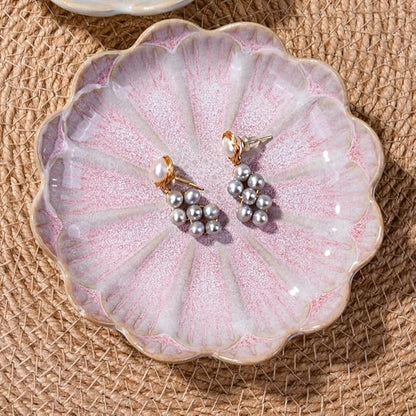 Ceramic Ring Dish Holder Jewelry Tray Trinket Tray Vintage Lotus Shaped Small Decorative Jewelry Dish for Dressing Tables Earring Organizer (White and Pink)