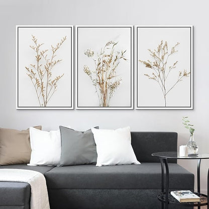 MUDECOR Framed Canvas Print Wall Art Wildflower Floral Botanical Prints Minimalist Wall Art Modern Farmhouse for Bedroom - 16"x24"x3 White
