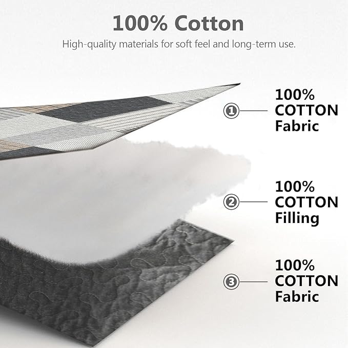 Quilts Queen Size - Queen Quilt Bedspread Sets, 100% Cotton Gray Quilt Bedding Set for Queen Bed, 3 Pcs Farmhouse Reversible Rustic Lightweight Comforter, Dark-Gray/White/Brown