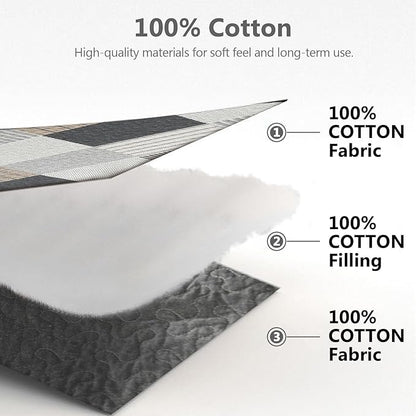 Quilts King Size - King Quilt Bedspread Sets, 100% Cotton Gray Quilt Bedding Set for King Bed, 3 Pcs Farmhouse Reversible Rustic Lightweight Comforter, Dark-Gray/White/Brown