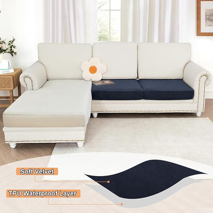 NAISI Waterproof Couch Cushion Covers Thick Velvet Fabric Washable Sofa Slipcovers 2 Pieces Individual Sectional Couch Covers with Elastic Bottom(2 Pcs for 2-Seat or Backrest,Navy)