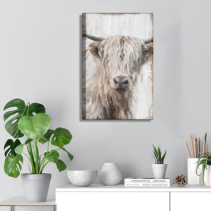 1Pcs Highland Cow Wall Art Farmhouse Cow Canvas Wall Decor Picture White Wildlife Painting Vintage Highland Cattle Print Artwork for Living Room Office Kitchen Bathroom Home Decoration 16x24IN