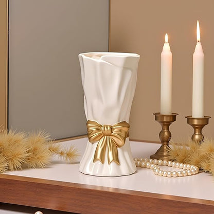 Bow Vase, White Flower Vase for Home Decor, White Ceramic Vases for Boho Style, 9.3 Inch Large Vases for Ideal Shelf Decor/Table/Living Room. (Glazed Exterior and Interior)