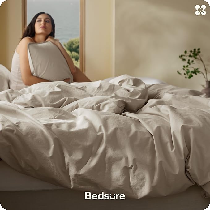 Bedsure Cotton Duvet Cover California King - Luxury Slub Weave 100% Cotton Duvet Cover with a Linen Like Textured, Easy Change Durable Bedding, Tannish Linen Grey, 104" x 98"