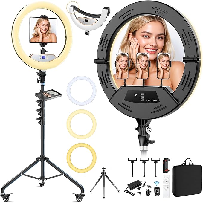 18" Large Ring Light with Stand, Upgraded Foldable LED Big Ringlight with 75" Tripod & Wheel Tray for Live Tattoo Makeup Video Recording Barber Photography