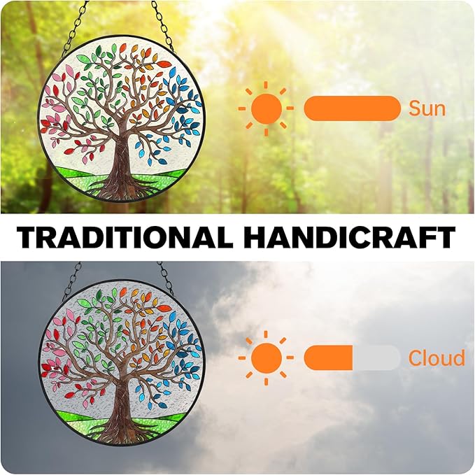 Ciarain Tree of Life Suncatchers Stained Glass Window Hangings Ornaments, 6.3''* 6.3'' Hand-Painted Vibrant Color Family Tree Sun Catcher Memorial Gifts for Women,Christmas Decor Gifts