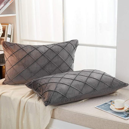 JAUXIO Diamond Pinch Pleated Crystal Velvet Pillowcases 2 Pack Solid Pintuck Throw Cushion Cover for Home Decor Hidden Zipper Closure (Dark Grey, Standard)