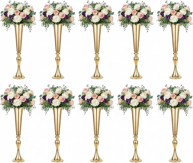 LoveCat 10pcs of Versatile Metal Tabletop Flower Stands, Gold Wedding Table Centerpiece Stands, 21.9" Tall Trumpet Vases for Wedding Birthday Holiday Party Important Event Home Décor