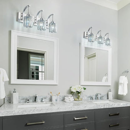 3-Light Crystal Vanity Light, Modern Chrome Bathroom Wall Sconce with K9 Crystal Shades, 23.62" Long Over Mirror Lighting for Vanity, Makeup, Hallway, Elegant & Durable
